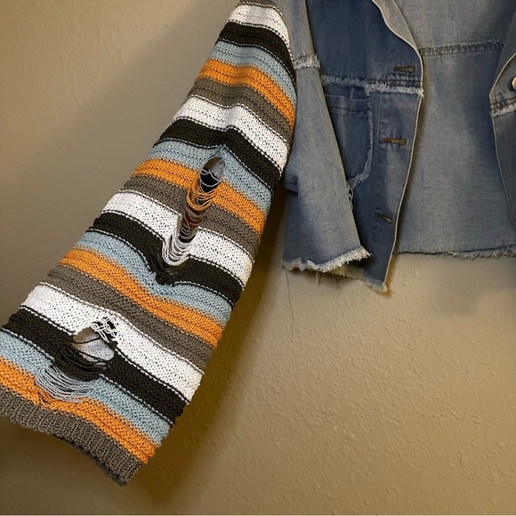 064. POL Distressed Oversized Crop Denim Ripped Stripe Crochet Sleeve Jacket - Picture 9 of 14